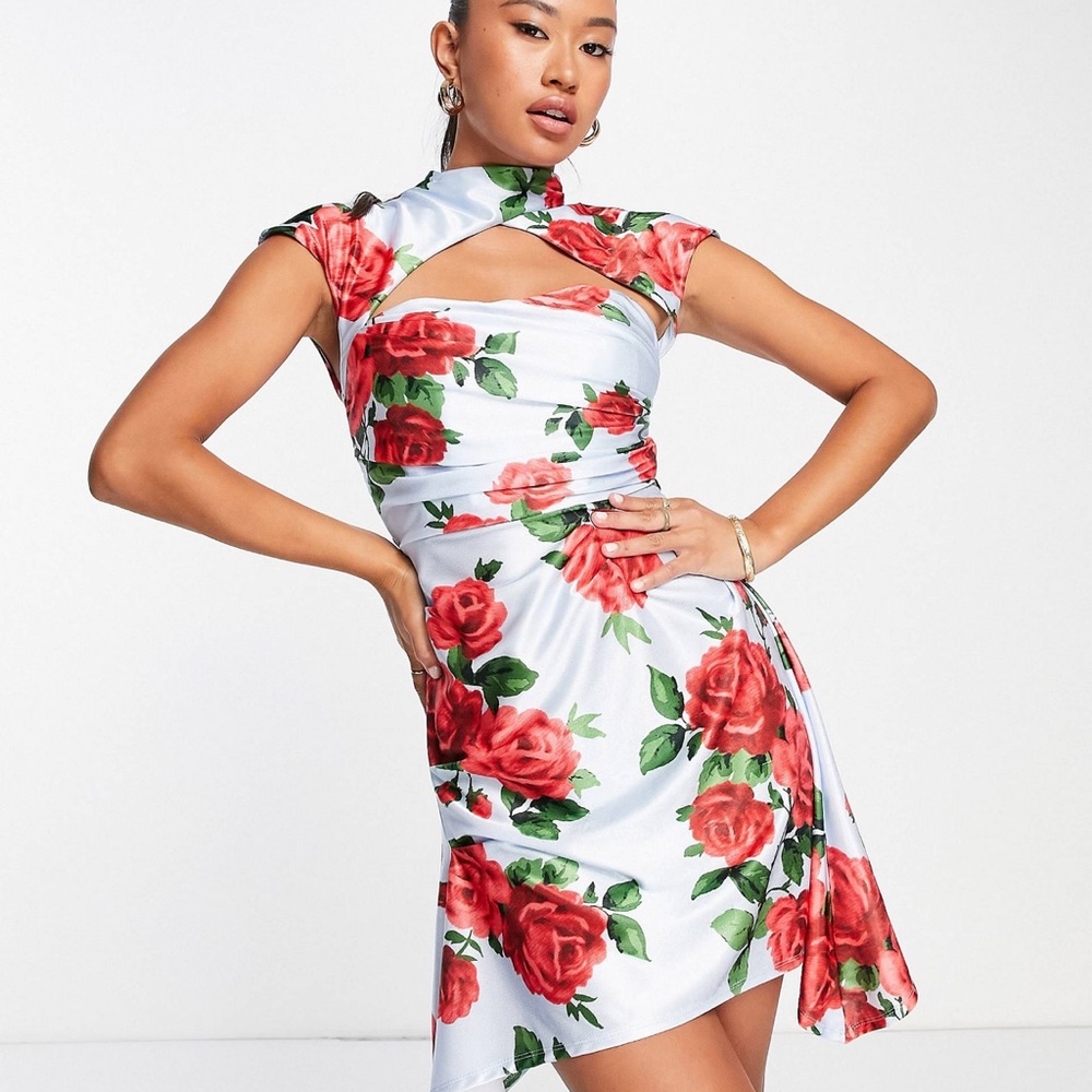 ASOS DESIGN mandarin collar flares mini dress in satin blue floral print